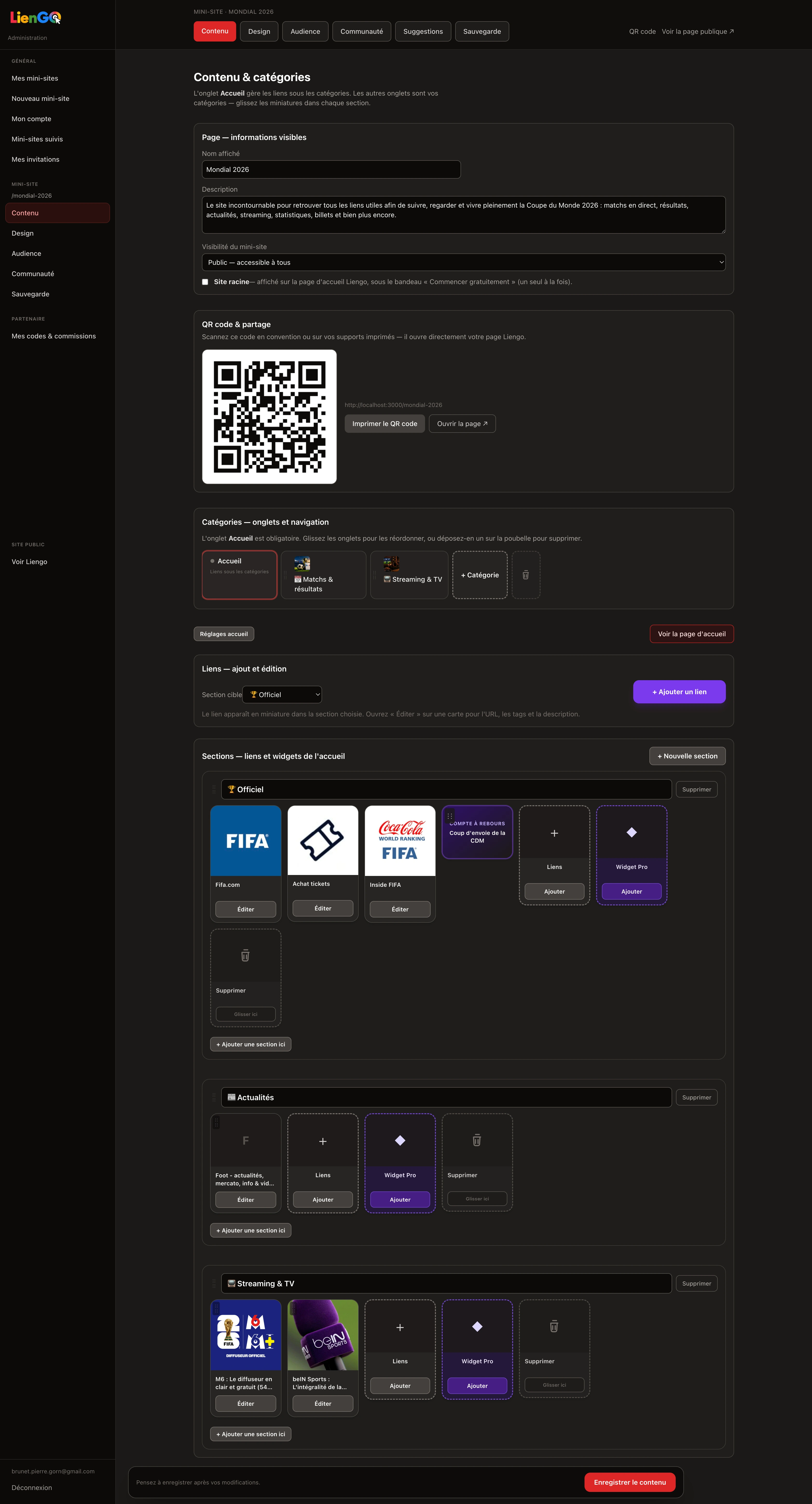 Interface admin LienGO — onglet Contenu avec catégories et liens