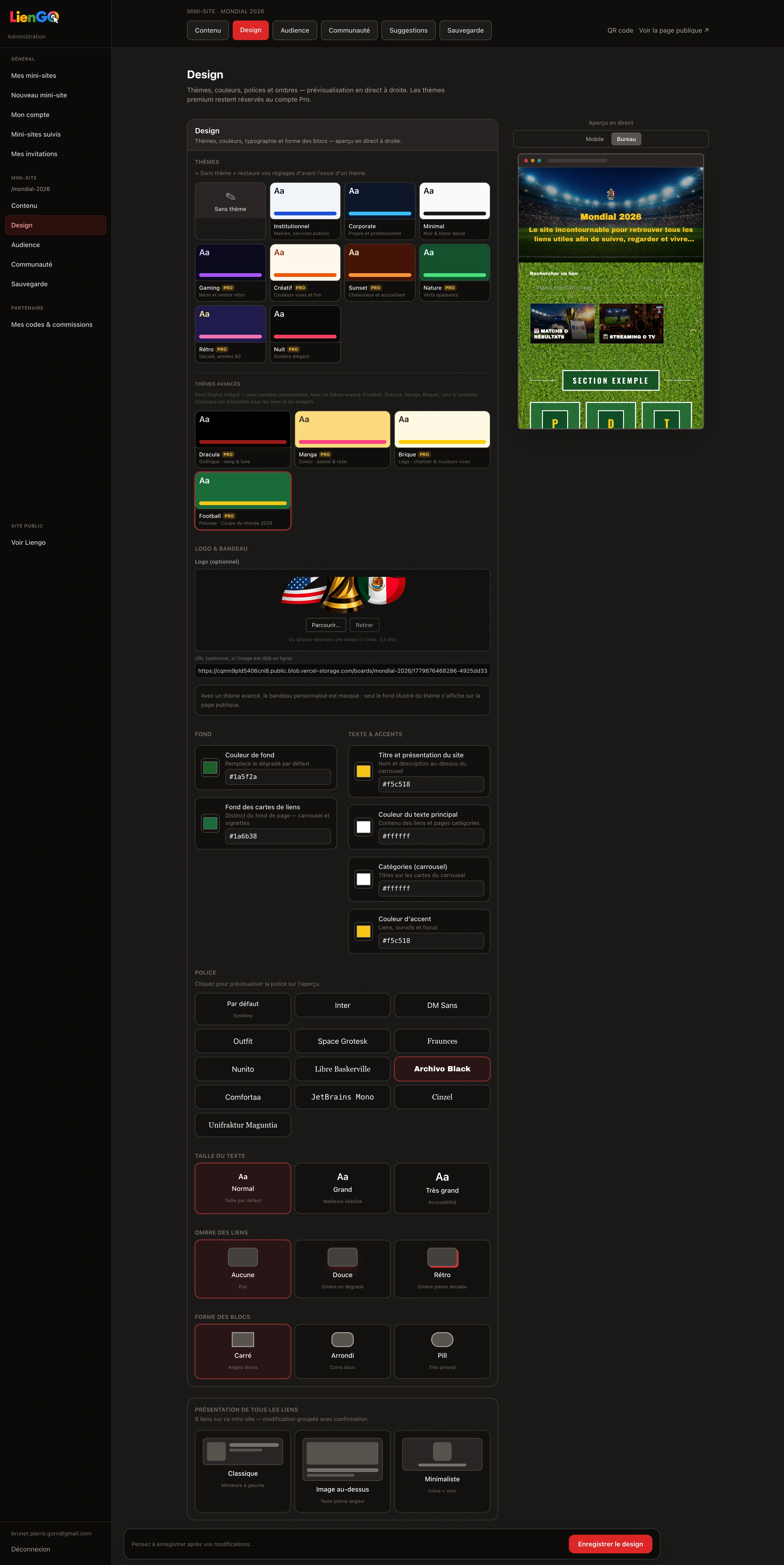 Interface admin LienGO — onglet Design avec thèmes et aperçu mobile